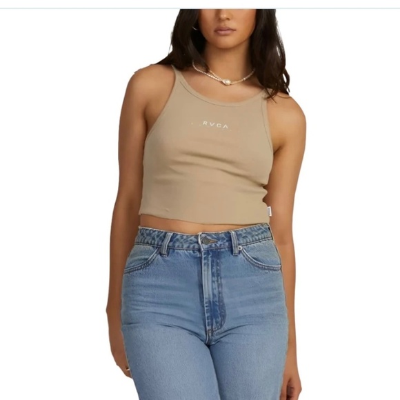 RVCA Tops - RVCA Haru Slide Graphic Tank Top Tan Ribbed Stretch Cropped NEW Women's Sz Large